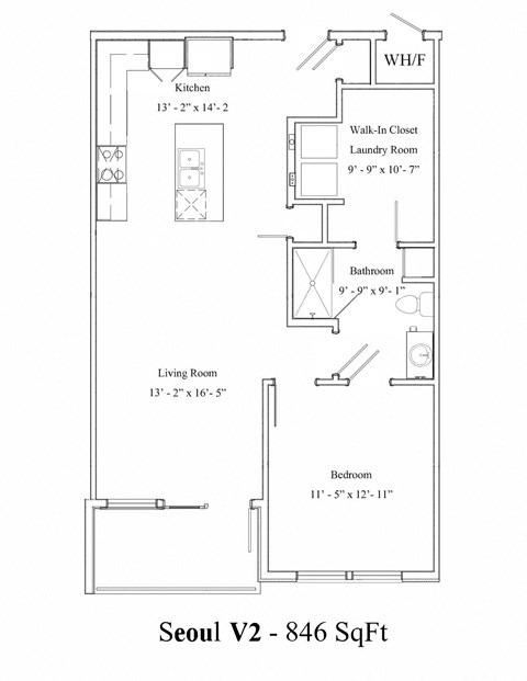Floor plan for 1 bed, 1 bath, 846 sqft